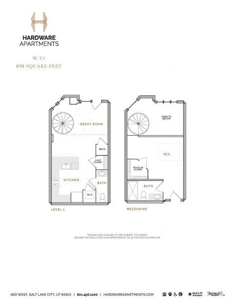 Floor plan for 1 bed, 1.5 baths, 891 sqft